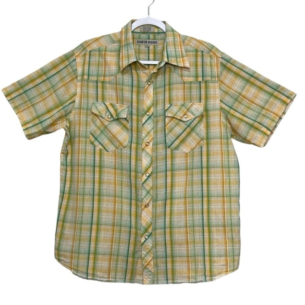 Eighth Avenue Western Shirt Men M Snap Button 100% Cotton Plaid Yellow Green